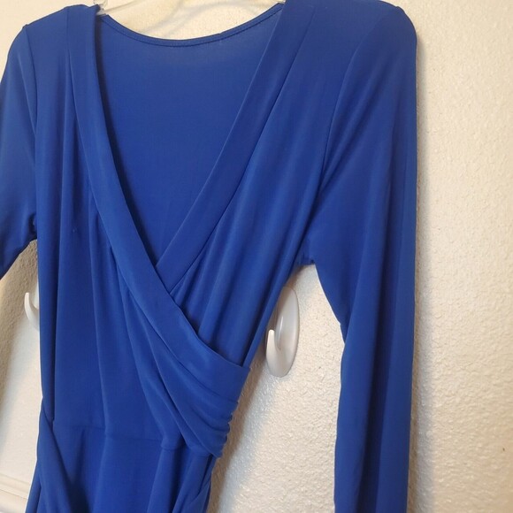 Janette Fashion Fake Wrap Blue Faux Wrap Jersey Knit Maxi Dress 3/4 Sleeve Med - Picture 6 of 16